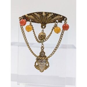 Vintage Gold Tone‎ Brooch Filigree Dangling Beads Victorian Revival Statement